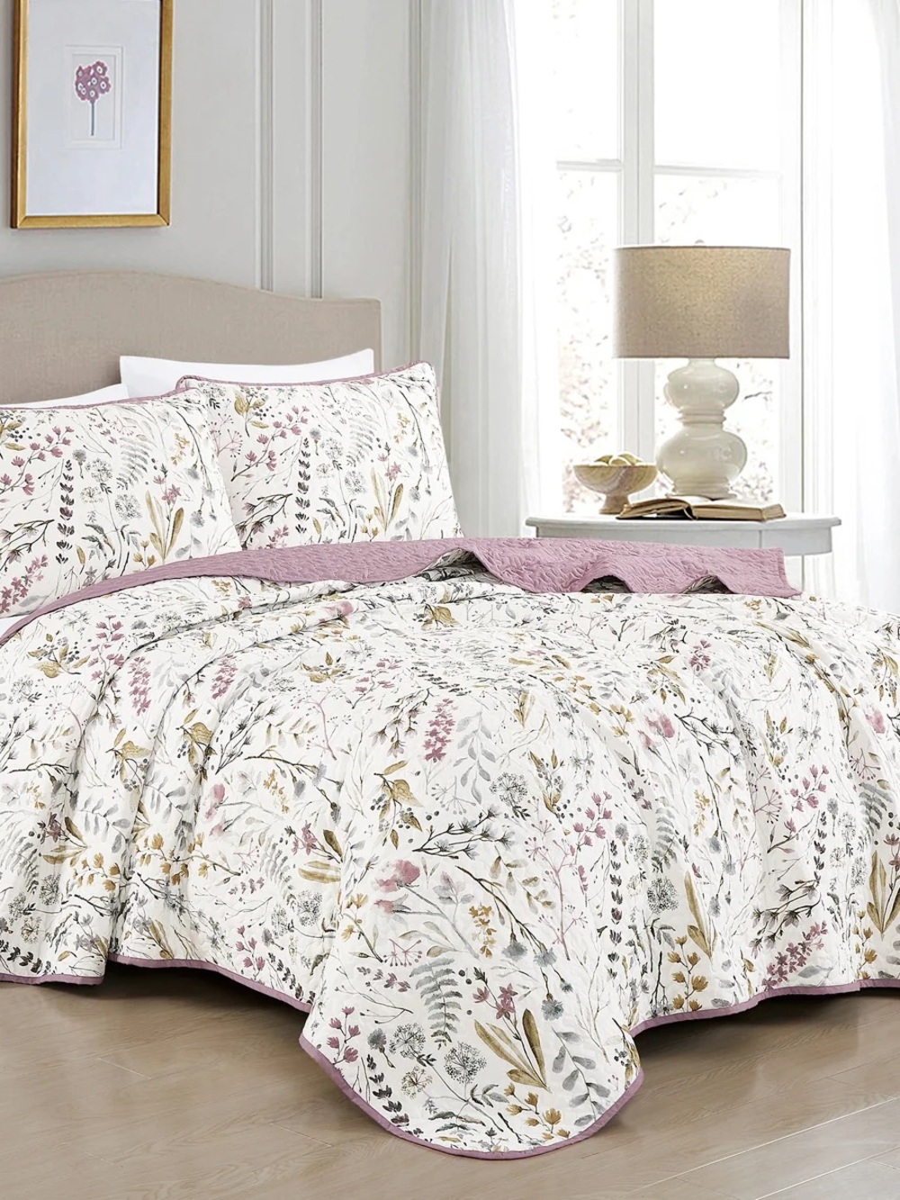 3 PIECE FLORAL QUILT SET, FRENCH COUNTRY BOTANICAL BEDSPREAD
